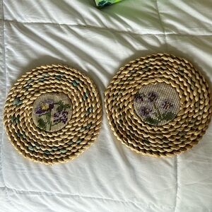 Vintage BoHo Cross Stitch Floral 2 Hot Pads Trivets Mats / Wicker Straw Woven